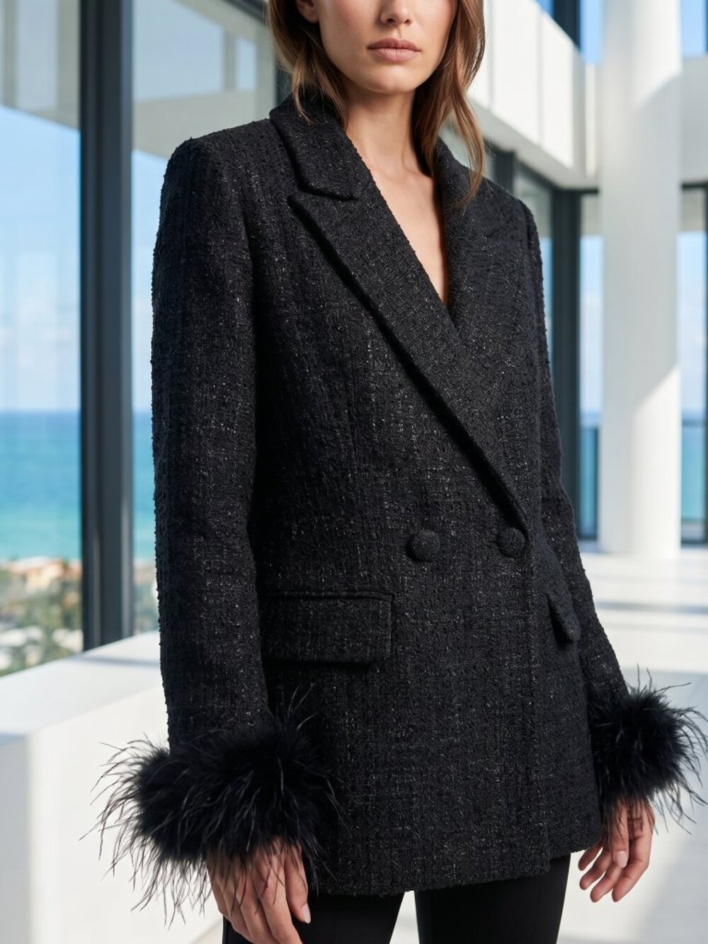 NEW! REVOLVE Line & Dot Black tweed Ostrich Feather-Trim Blazer Jacket M